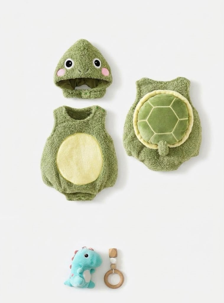 Gorrito y vistas delantera y trasera del chalequito Tortuli; juguetes decorativos no incluidos